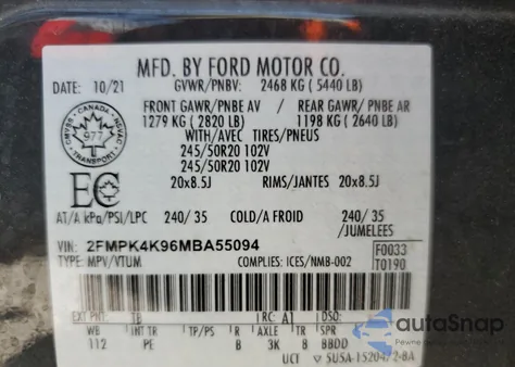 2021 Ford Edge Titanium z USA, uszkodzony, nr VIN 2FMPK4K96MBA55094